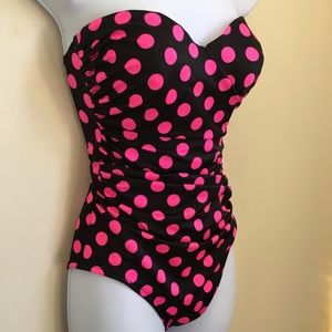 Vintage Strapless Pink Polka Dot Black Swimsuit